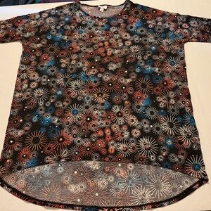 LuLaRoe Irma Tunic Top Women's Large Fireworks Starburst Red White Blue High Low